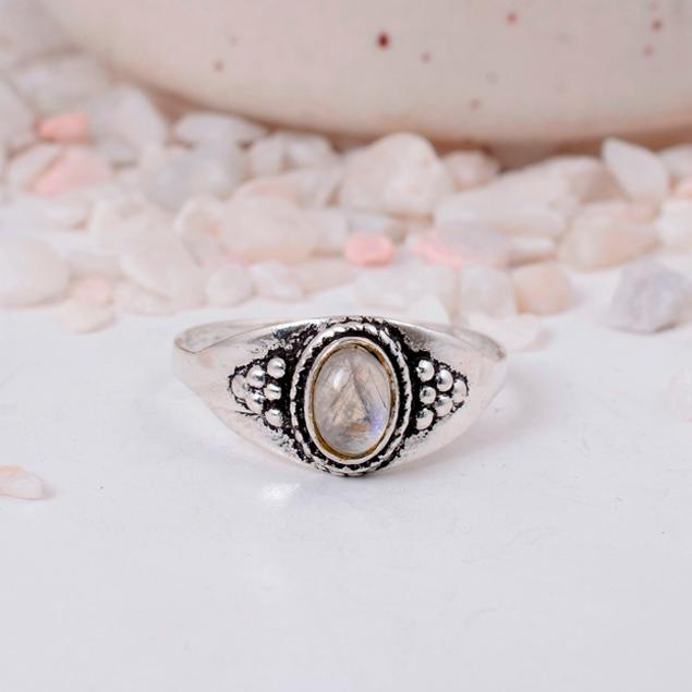 Rainbow Moonstone Silver Plated Signet Ring | Oval Boho Brass Statement Jewelry | June Birthstone Gift