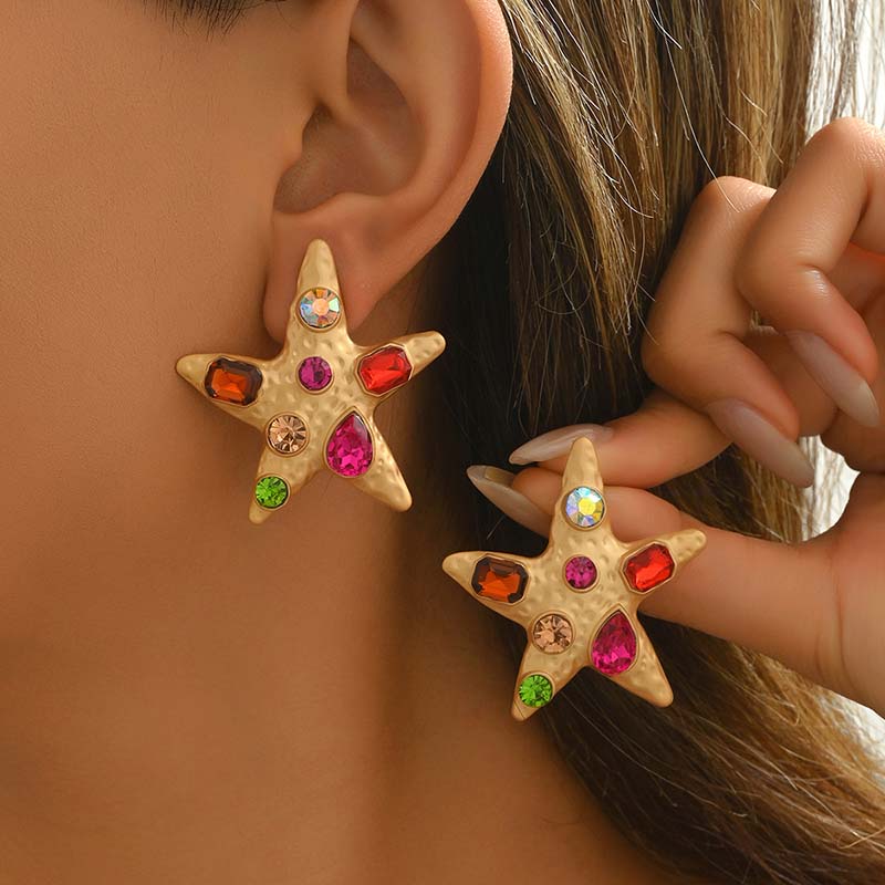Boho Colorful Zircon Starfish Stud Earrings for Women Geometric Fashion Temperament Casual Ocean Element Earrings Jewelry Gifts