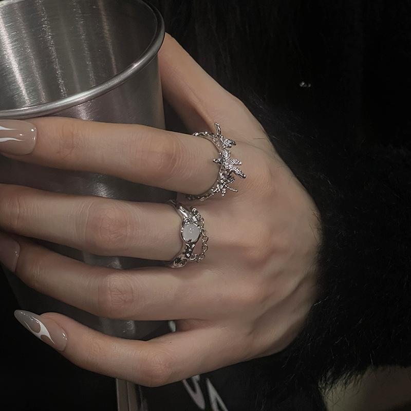 Two-Piece Set, High-End Moonstone Ring, Women'S Open Ring, Niche Design, Plain Ring, Index Finger Ring, French Self-Discipline Ring.