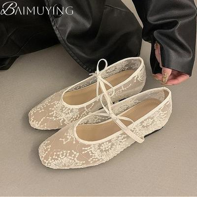 Sapatos Rasos de Renda com Laço Moda Sapatos de Ballet Sandálias Femininas Sapatos Marie Janes Bico Quadrado Verão 2025 Nova Tendência Designer de Vestidos Sandálias Mujer