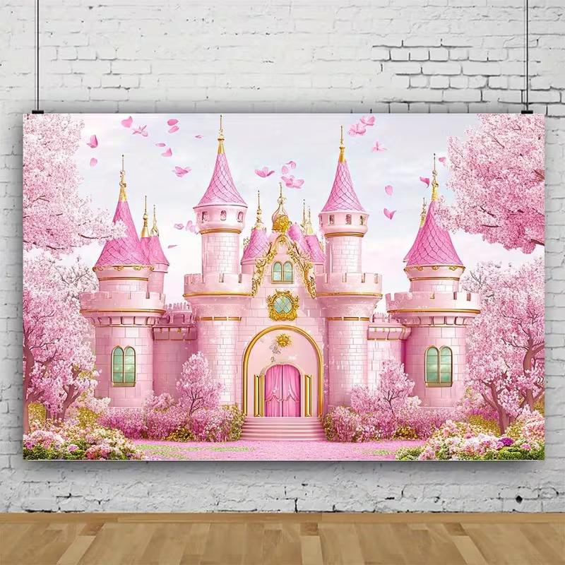 Fondo de Foto de Castillo Rosa 2D con Flores de Cerezo para Fiesta de Cumpleaños Infantil Decoración de Estudio Tela