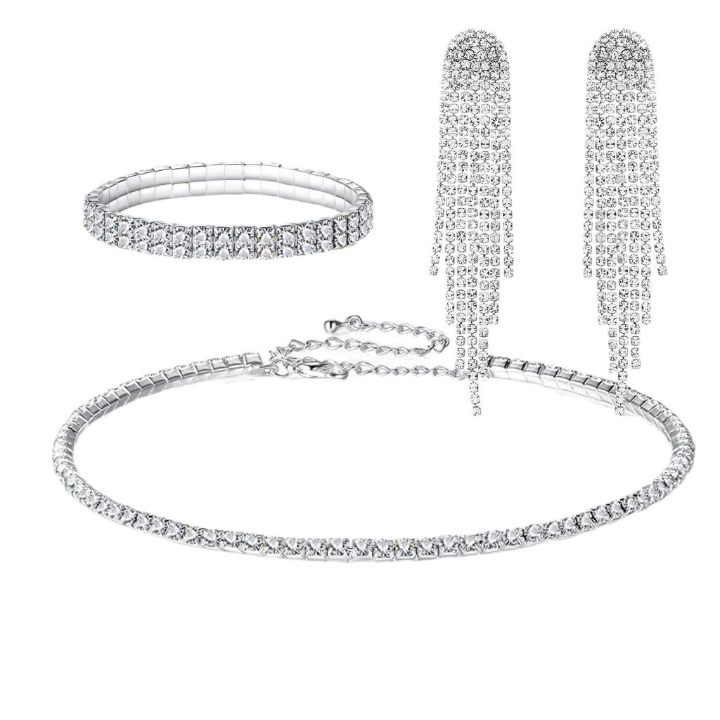 Luksusowy Prosty Naszyjnik z Cyrkoniami Długie Kolczyki Frędzle Bransoletka Trzyczęściowy Zestaw Biżuterii Ślubnej Akcesoria do Sukienki