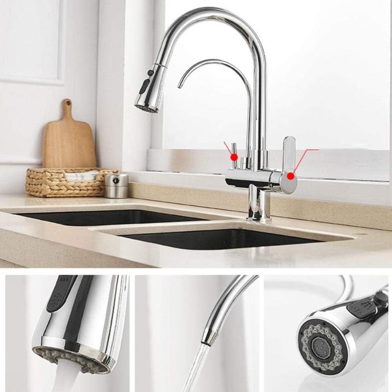 3-Way Faucet with Pull-Out Sprayer & Filtered Water Outlet, Stainless Steel Dual-Handle Kitchen Faucet, 360° Swivel – Drinking Water