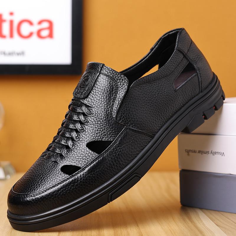 

Мужские сандалии 2024 года, летние новые сандалии из натуральной кожи, мягкая кожа, мягкая подошва, повседневная обувь из коровьей кожи с отверстиями, модная мужская кожаная обувь 44