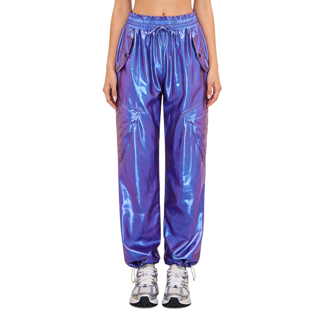 Shiny Metallic Cargo Pants for Women Elastic Waistband with Ruffle Trim Multiple Pockets Jogger Style for Hip Hop Music Stage Outfit