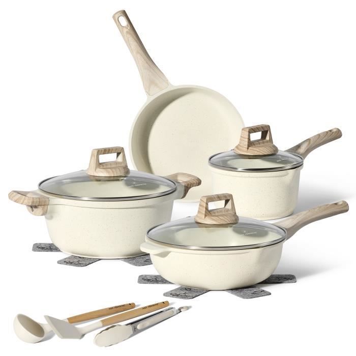 Batterie De Cuisine Induction 13 pièces JUST PERFECTO - Set De Casseroles Et Poeles - Tous Feux Dont Induction - Aluminium - Beige