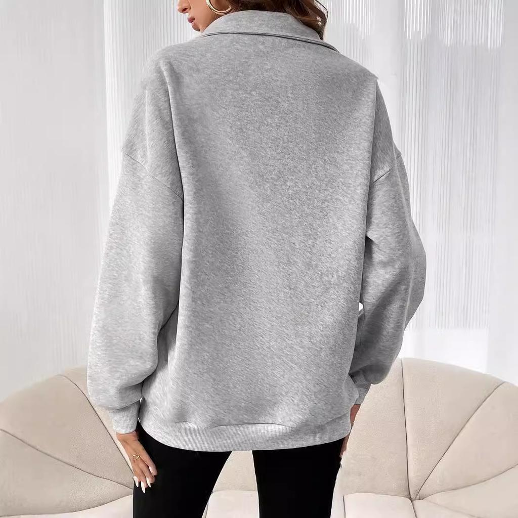 Herbst und Winter Damenmode Reißverschluss Revers Einfarbig Casual Sweatshirt