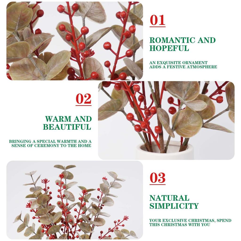 1PC Artificial Eucalyptus Leaves Branch with Red Berries Xmas Tree Ornaments DIY Gifts Accessories for Home Room Office Decor