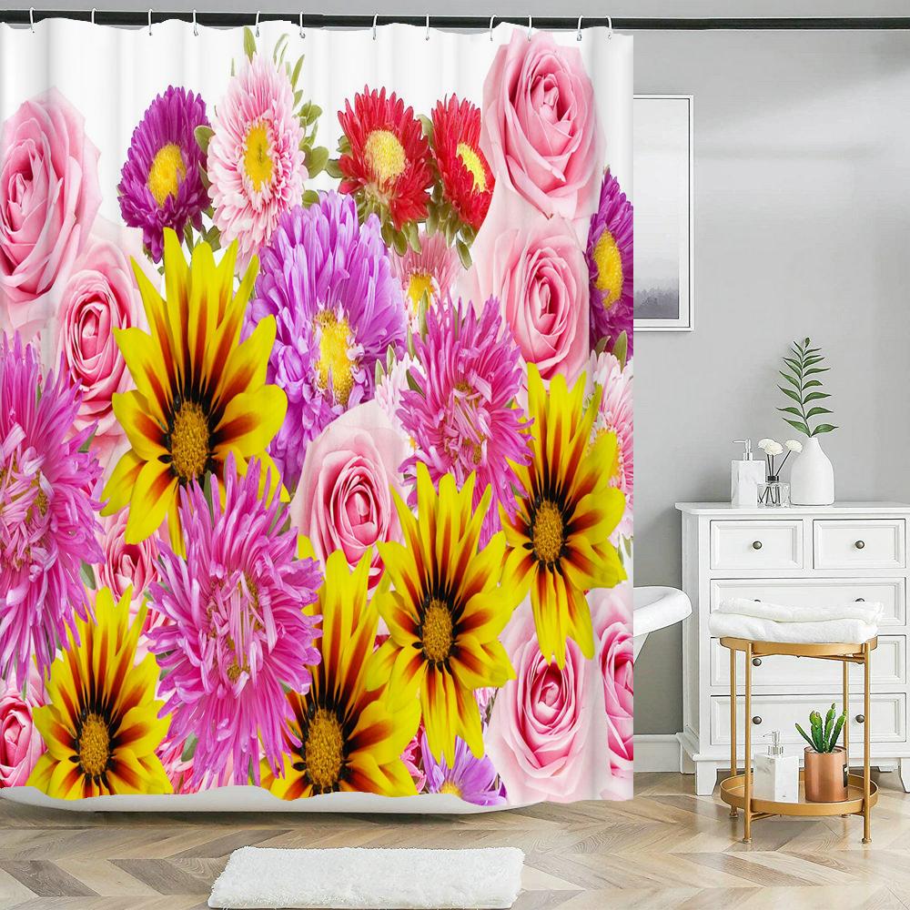 Beautiful natural flowers shower curtain waterproof polyester fabric bath curtain rose floral curtains for bathroom decor
