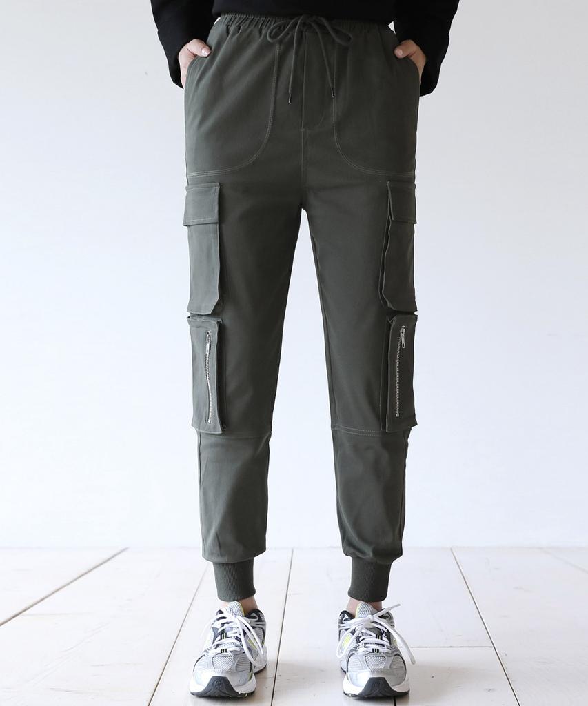 Ppaeppae Elastic Waist Two-Big Pocket Stretch Cargo Jogger Pants