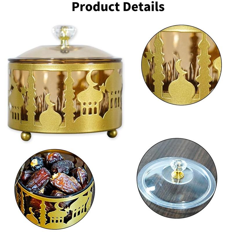 Eid Mubarak Serving Platters with Lid, Metal Ramadan Dessert Tray Food Storage Box Jar Container Table Decoration for Cookies Candy