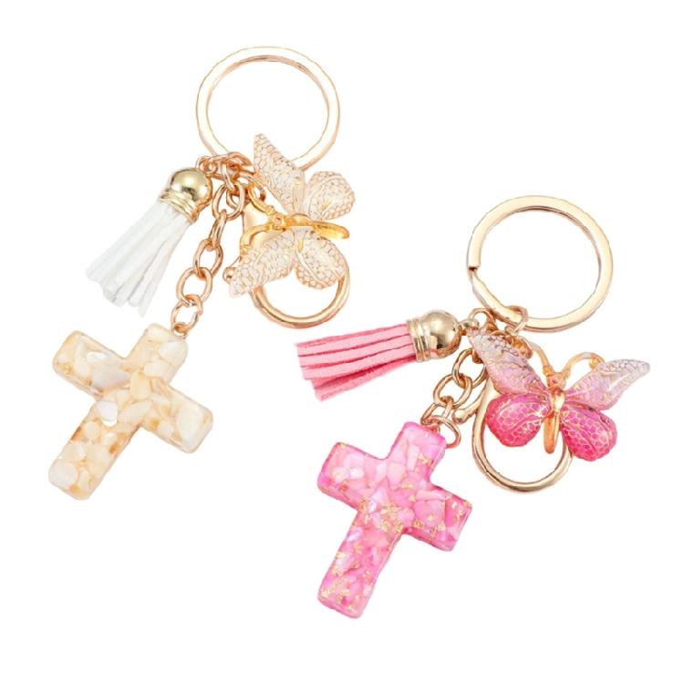 Christian Resins Crosses and Butterfly Keychain with Tassels for Daily Key Organization and Backpack Bag Decoration