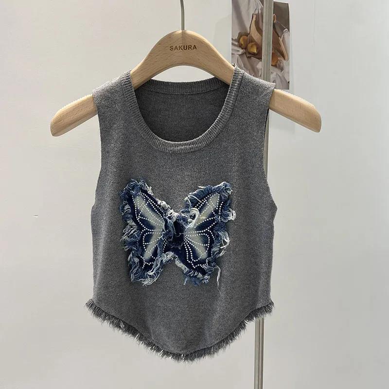 WTEMPO American Retro Butterfly Knitted Vests Women's Spring Summer Tassel Short Slim Fit Large Size Sleevelesss Tops