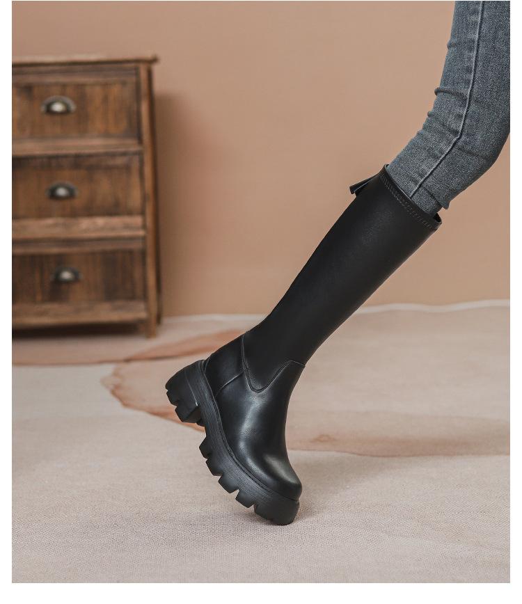 Women's Chunky Heel Long Boots with Hidden Height Increase and Round Toe - Brown, 2024 Style