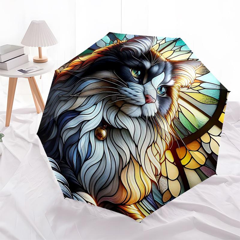 1pc Stained Glass Cat Design Automatic Opening Folding Umbrella - 8 Bone Iron Frame, Outdoor, Ideal Gift for Fans, Travelers, Daily Use.KK056
