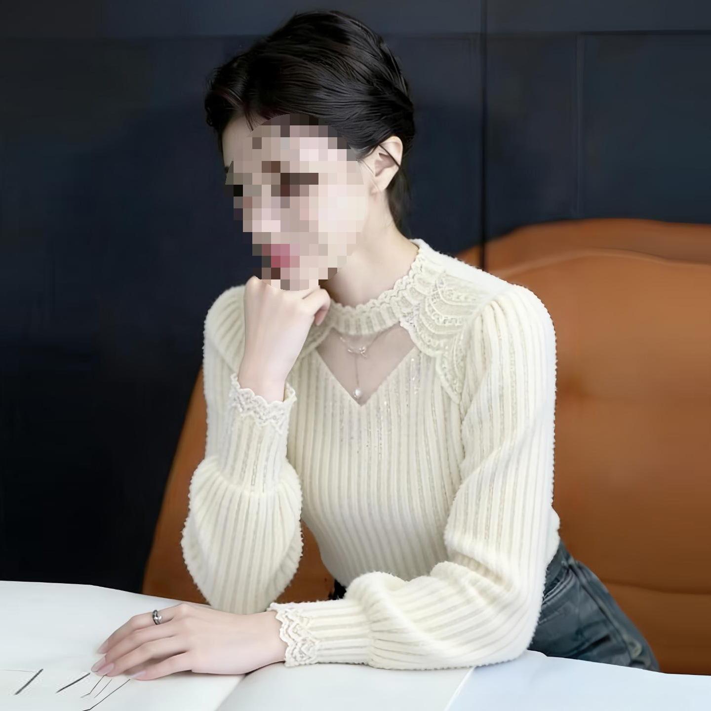 

Women s Winter Lace Shirt with Velvet - Slim-Fit, Half-High Collar, Long-Sleeved, Stylish and Thickened M (50-55 kg)