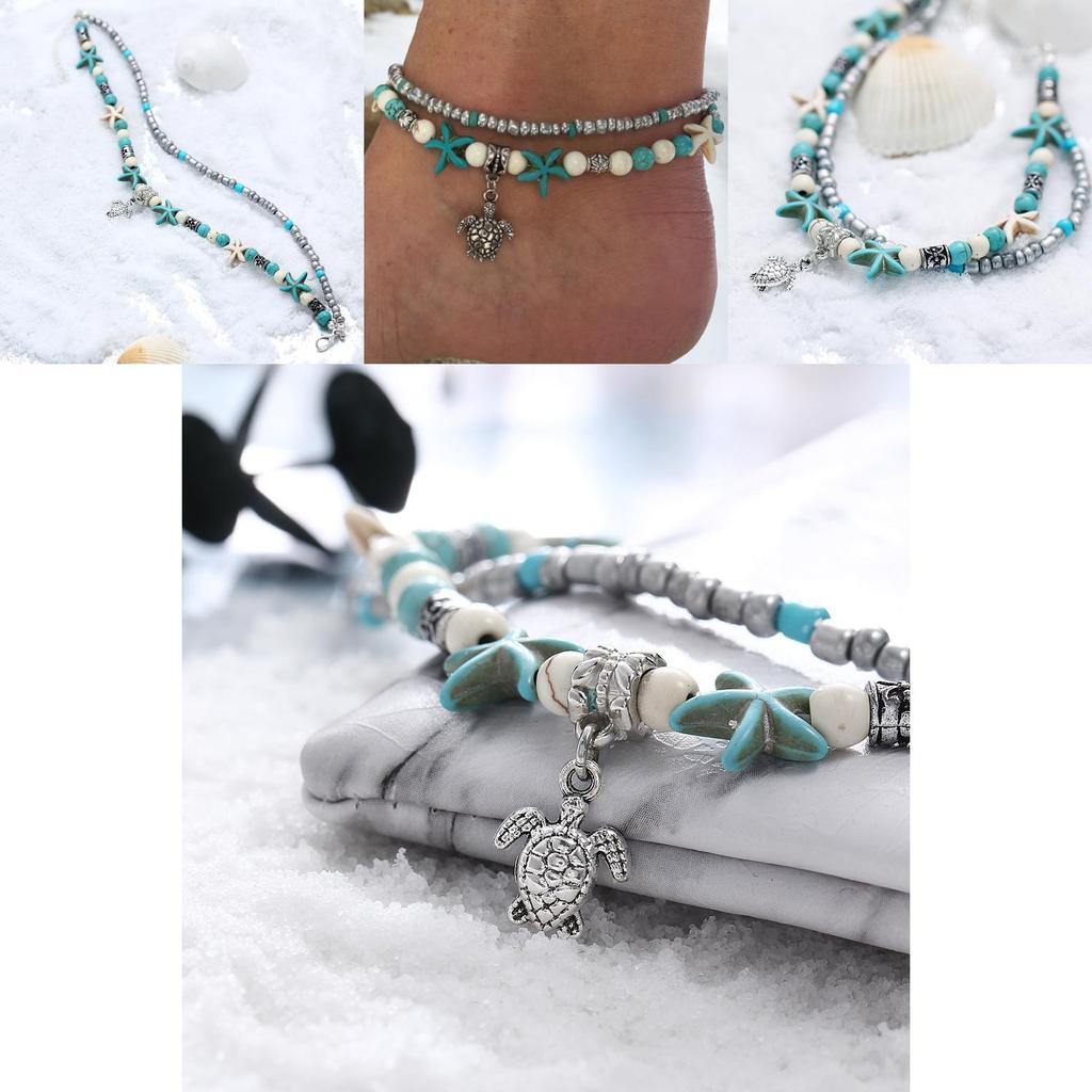 Retro Blue Shell Anklet With Turtle Design For Beach Vacation And Resort