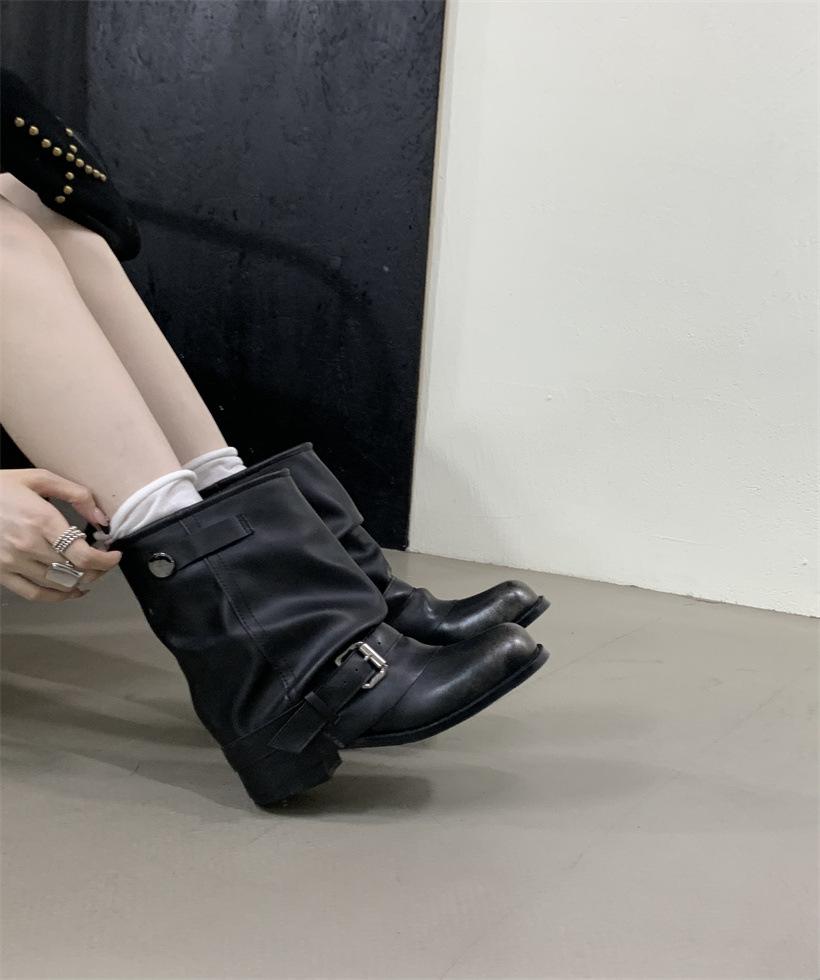 2025 Autumn New Western Cowboy Boots Women's Pleated Pile Black Round Head Retro Thick Heel Knight Boots Women