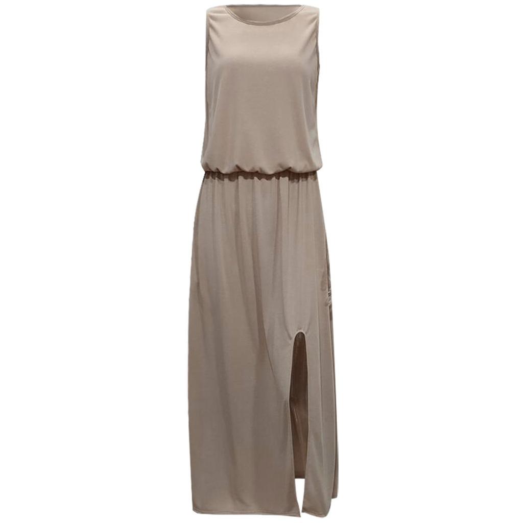 Fashion Womens Solid Color Round Neck Sleeveless High Waist Split Dress
