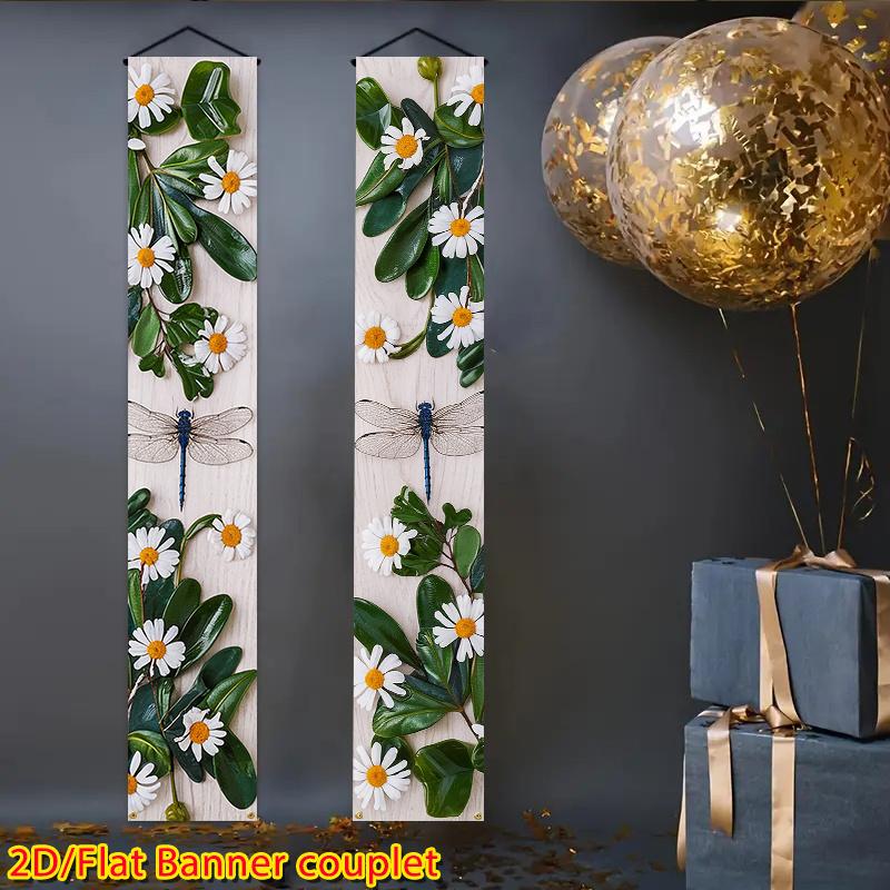 2D Flat, 2D Flat Banner Porch Decoration Door Hanging Flag Festival Decorations - A Set of 2 Flat 2D Couplet Decorations Featuring Summer Dragonfly an
