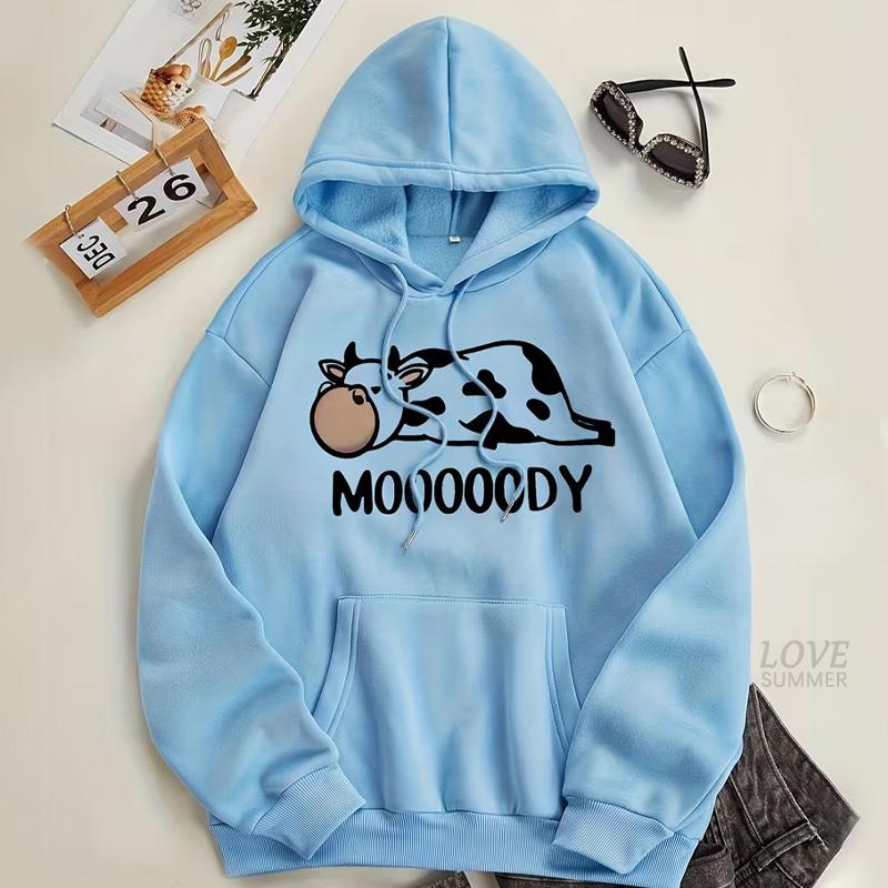 Cow Letter Print Drawstring Hoodie S-3XL spring hoodie Casual Long Sleeve Pocket Hoodie Sweatshirt Women's Clothing