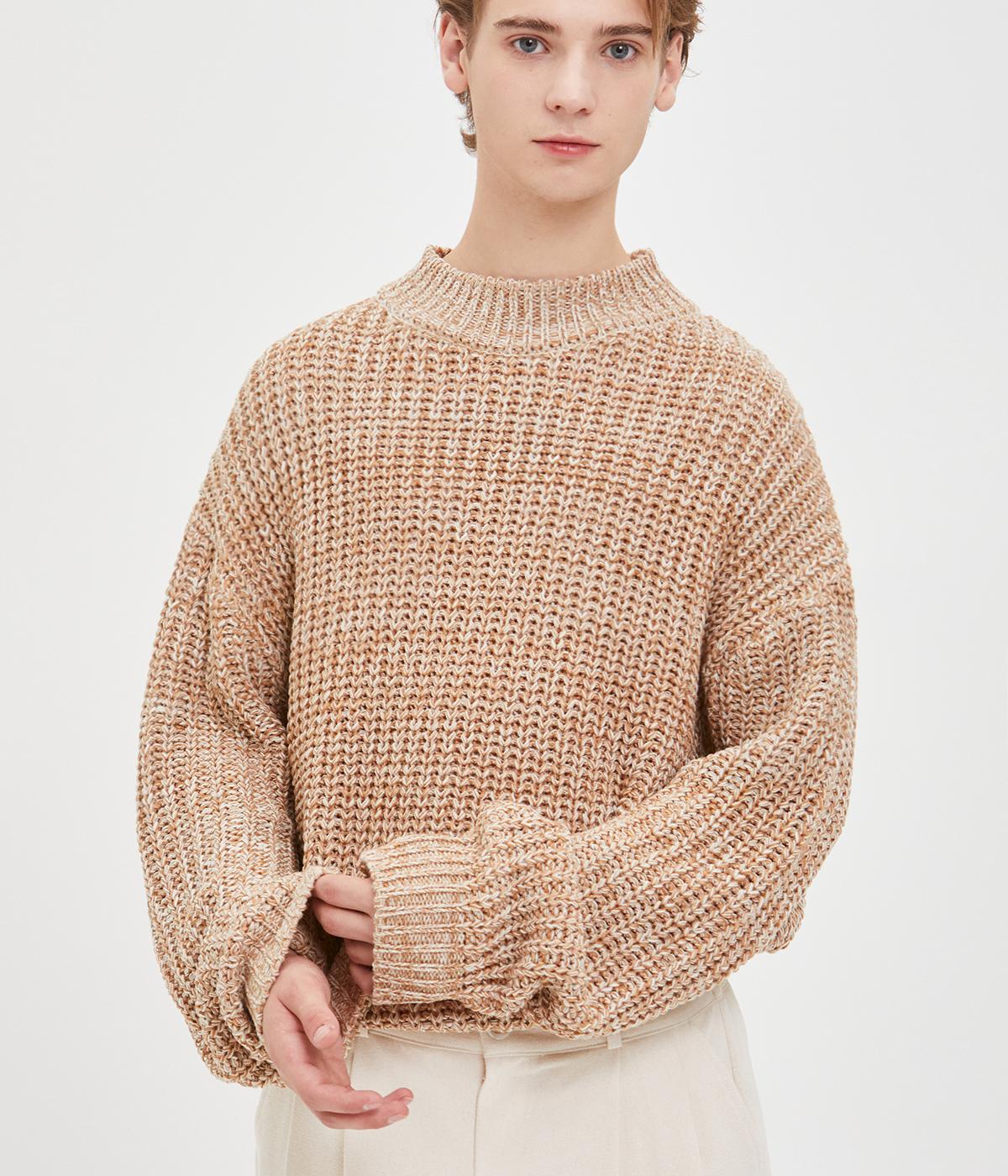 Moo Oversized Heathered Mock Neck Knit - Brown L