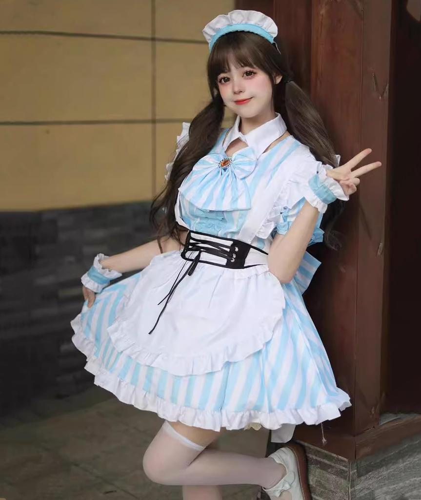 YZZYQQ Maid Cute Gothic Lolita Cosplay Luxury Maid Cafe Cute Sexy Con Cafe Cute Alice Lolita Princess Size 4XL Costume, Set, 5-Piece Set, Uniform,