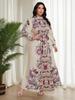 Dubai-Inspired Islamic Floral Lantern Sleeve Dress with Stand Collar