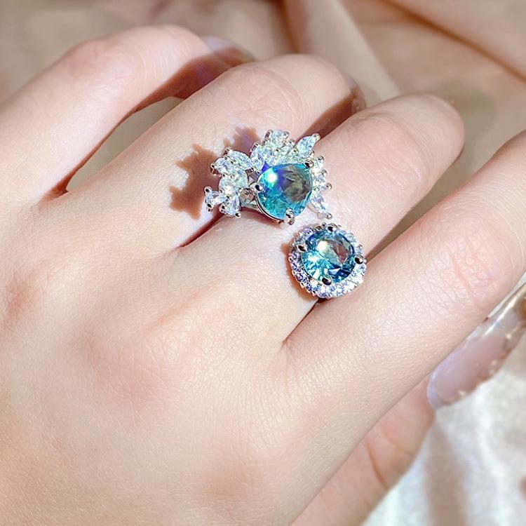 Irregular Simulation Paraiba Round Water Droplet Sea Blue Topaz Opening Adjustable Ring Womens Ring