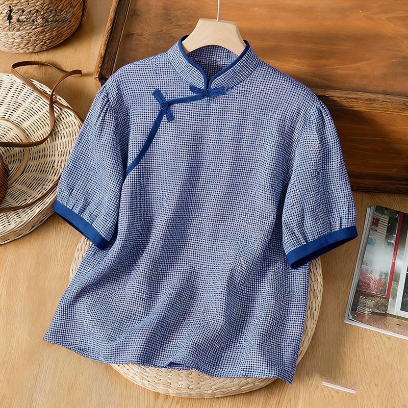 ZANZEA Women Casual Stand Collar Short Sleeve Summer Grid Print Blouse S синий