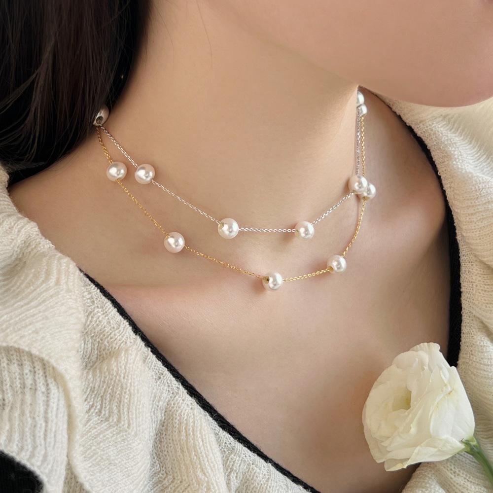 Korean Style S925 Sterling Silver Beaded and Layered Pearl Necklace for Women - Elegant Sweater Chain Accessory