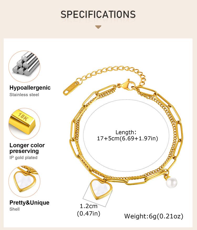 Stainless Steel Chains Double Layer Heart Bracelet Bangle For Women, 18k Gold Plated Waterproof Charm Wrist Jewelry