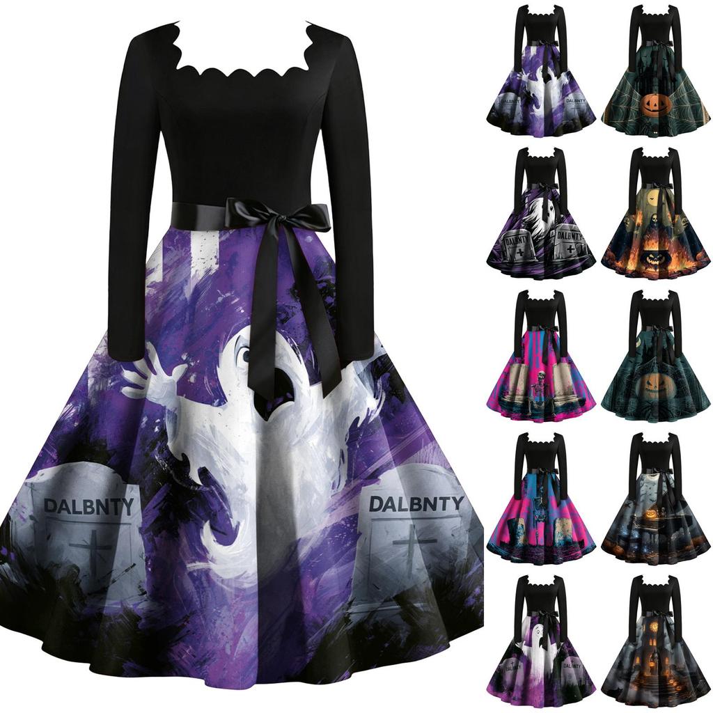 Women's Vintage Long Sleeve Square Neck Dress with Halloween Print for Party Evening Wear