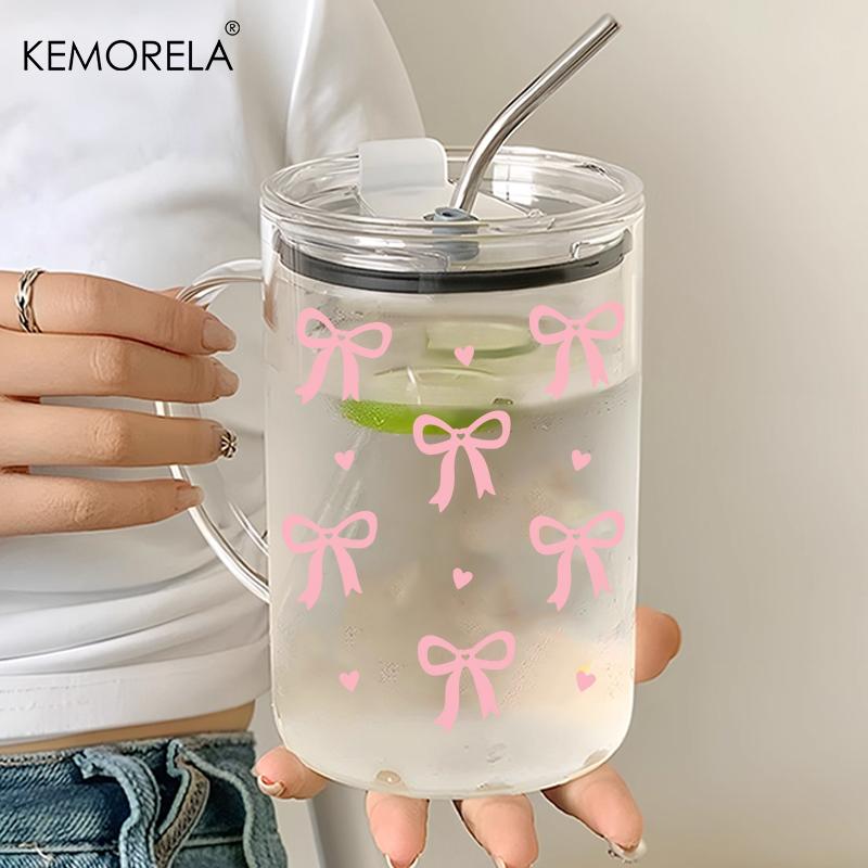 1PCS 1000ML Bow-Knot Glass with Lid and Straw Handle High Borosilicate Glass Glass Water Cup Coffee Cup Summer Winter Drinkware