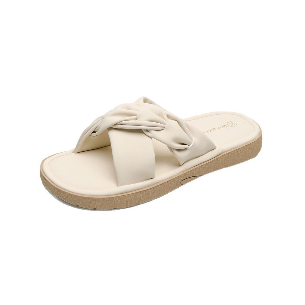 French pleated cross with thick-soled one-word cool slippers 2025 new square head versatile vacation beach flat sandals