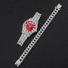 2PCs/Set Men's Watch Fashion Hip Hop Luxury Diamond Set Steel Strip Quartz Watch with Silver Bracelet Set