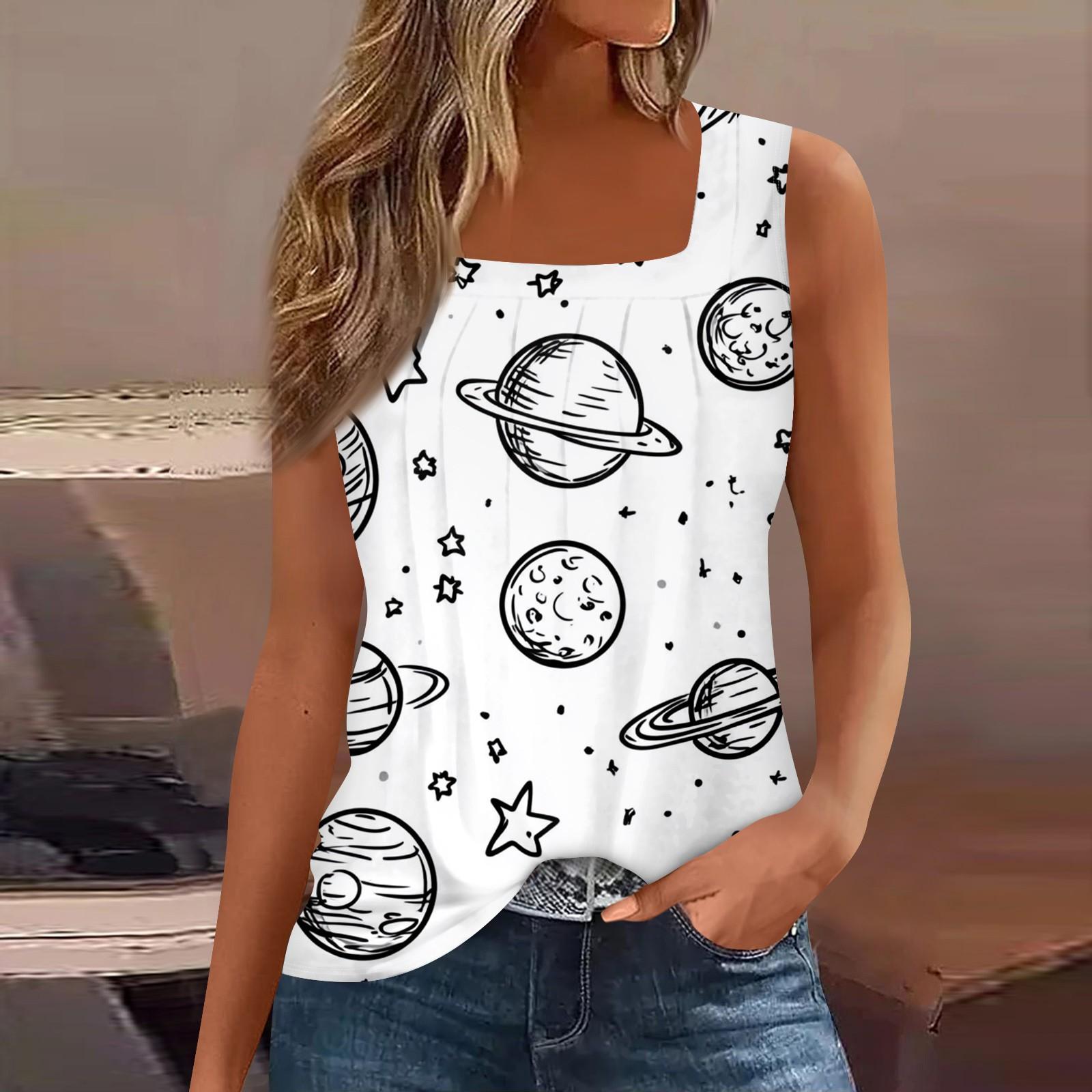 

Женская мода повседневная майка без рукавов с цветочным принтом и квадратным вырезом XL белый