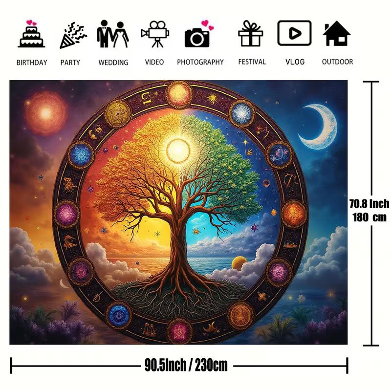 2D Astrology Tree Backdrop, Celestial Wheel Background for Mystical & Wiccan Events