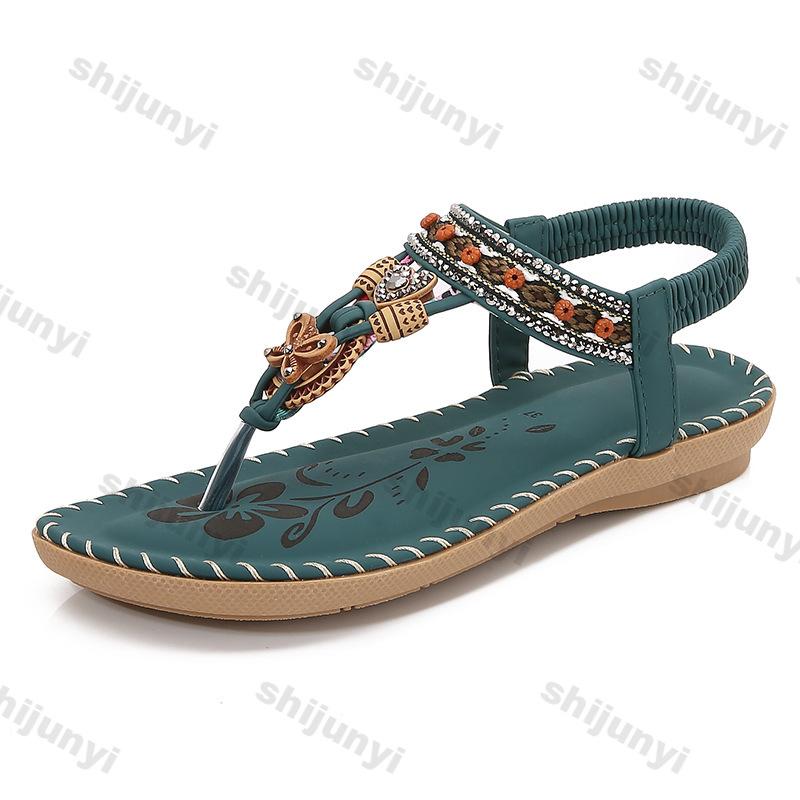 Large Size Women's Roman Shoes Summer New Lightweight Comfortable Soft Sole Beach Shoes Rhinestone Non Slip Casual Flats