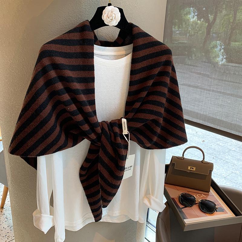Women Striped Wool Triangle Knit Shawl Warm Winter Outerwear Wrap
