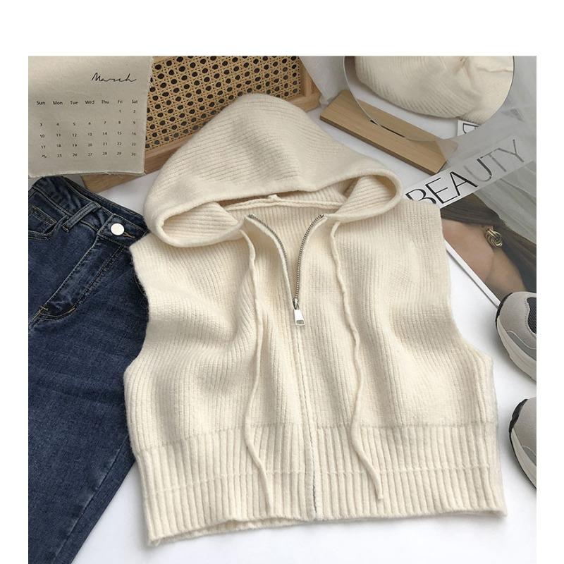 

Женский вязаный жилет с капюшоном, осенне-зимний кардиган на молнии, свитер-жилет, топ S