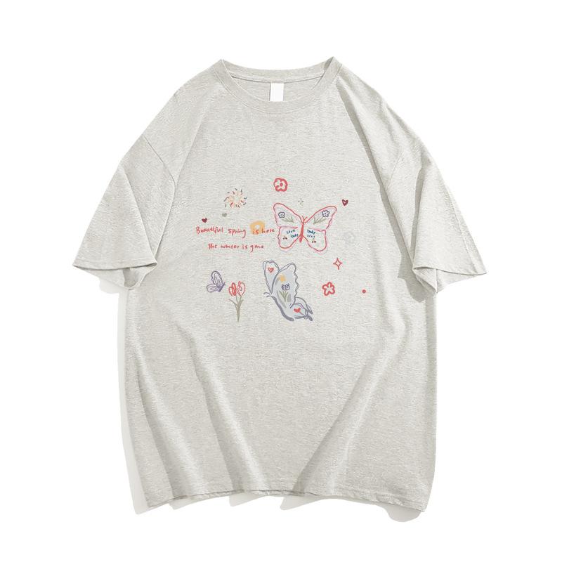 Flower gray American ins trendy brand butterfly short-sleeved T-shirt women's summer new pure cotton design sense niche fat MM top