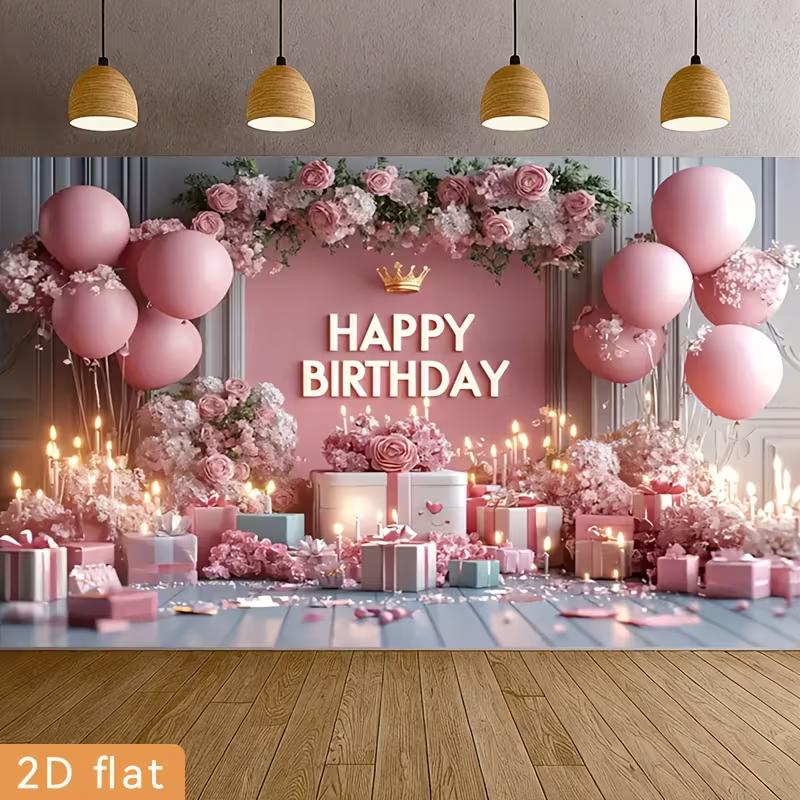 

2D Romantic Pink Flower Happy Birthday Backdrop Party Photo Booth Banner 47.2x31.5inch/120*80cm