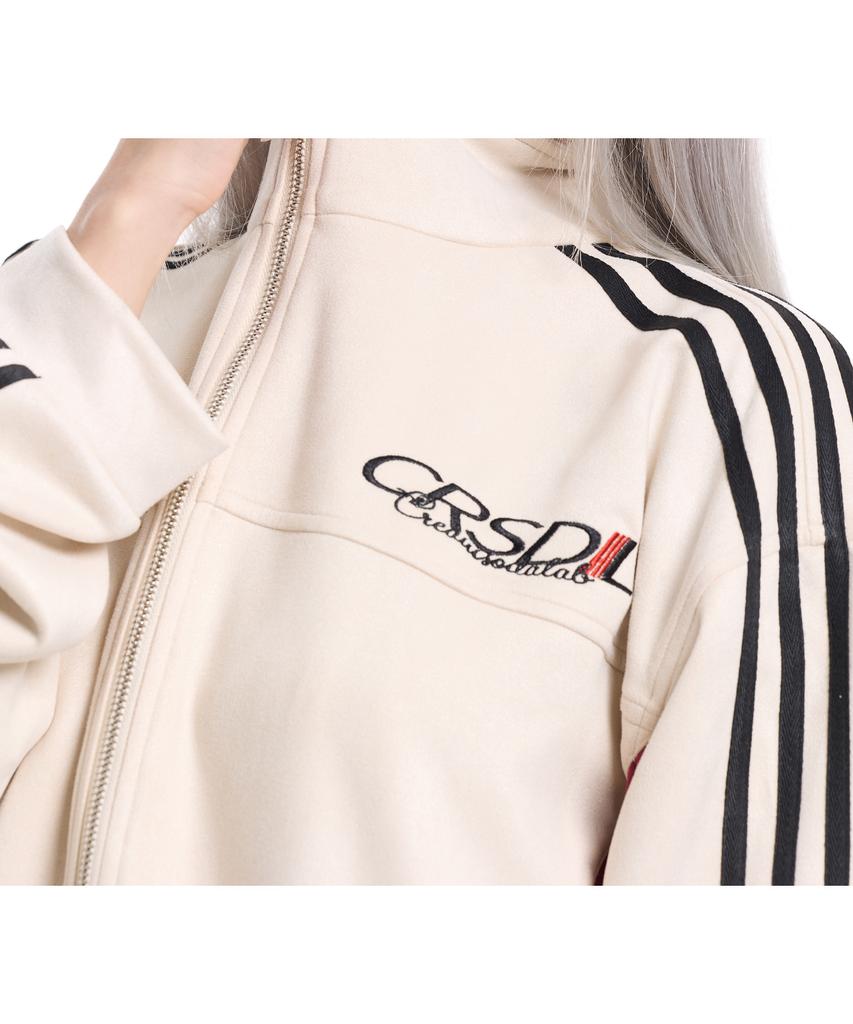 Cream Soda Lab Suede 4-Stripe Track Contrast Zip-Up Ivory
