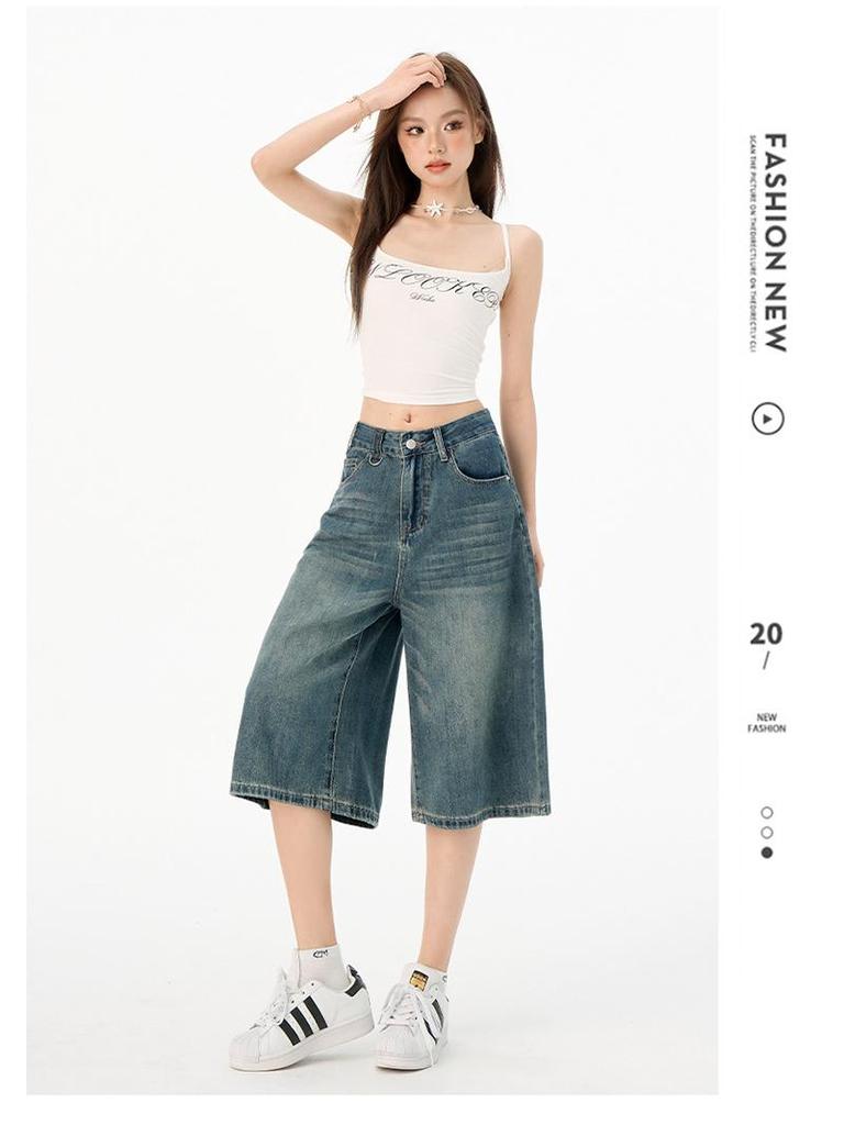 Women's 2025 Retro Wide-Leg Denim Jeans: Trendy, Versatile, Mid-Length Summer Pants