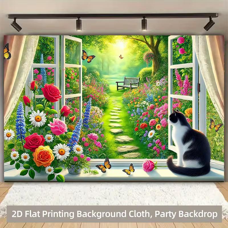 2D Cat at Open Window Tapestry Garden View with Flowers and Butterflies Backdrop