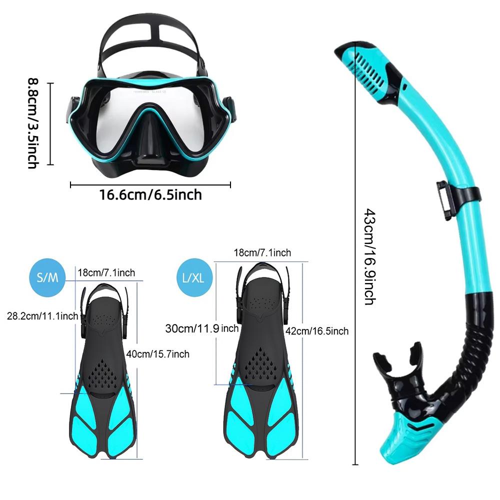Masker Vinnen Snorkel Set, Snorkeluitrusting voor Volwassenen, Panoramisch Zicht Anti-Mist Snorkelmasker, Verstelbare Duikvinnen, Dry Top Snorkel