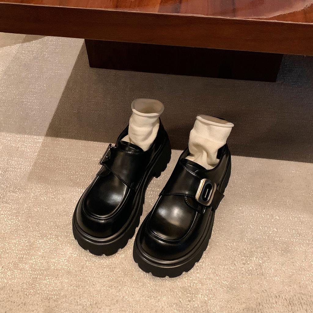 Sheepskin version~ Leather square buckle lazy one-pedal muffin thick heel thick sole leather loafers women autumn small leather shoes women