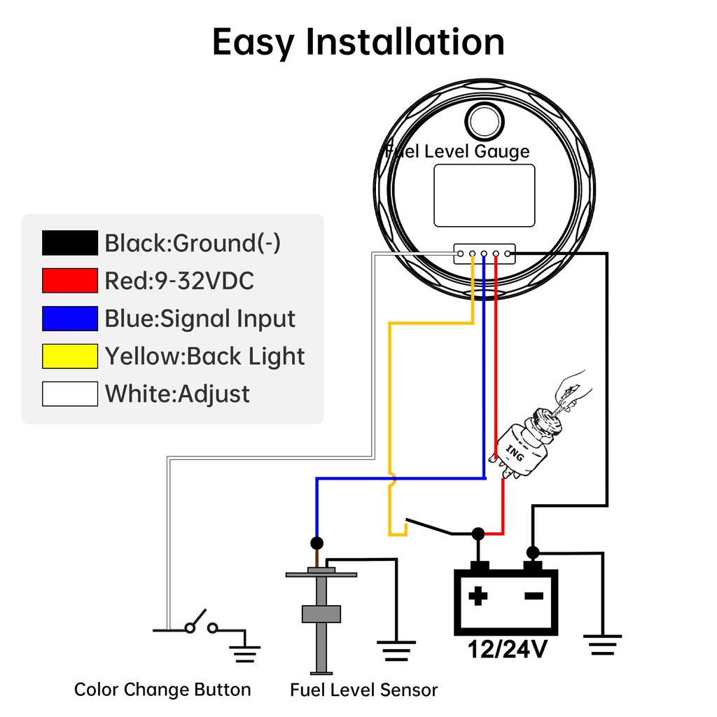 0-190 Ohm Fuel Float Sensor + Fuel Level Gauge 7 Color Light Auto Marine RV Boat Car 2" 52mm Fuel Tank Level Gauge 12V24V