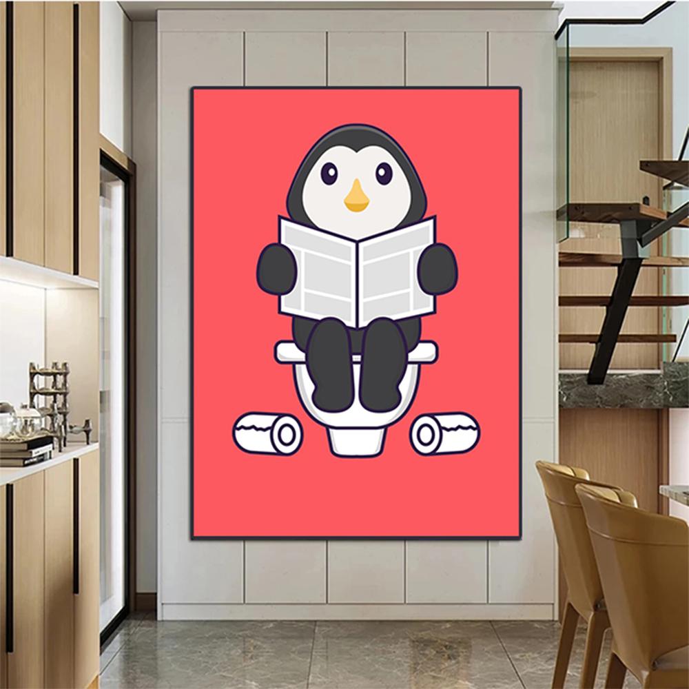 Cute Cartoon Animals In The Toilet Funny Prints Posters Canvas Painting Modern Wall Art Pictures Bathroom Living Room Home Decor